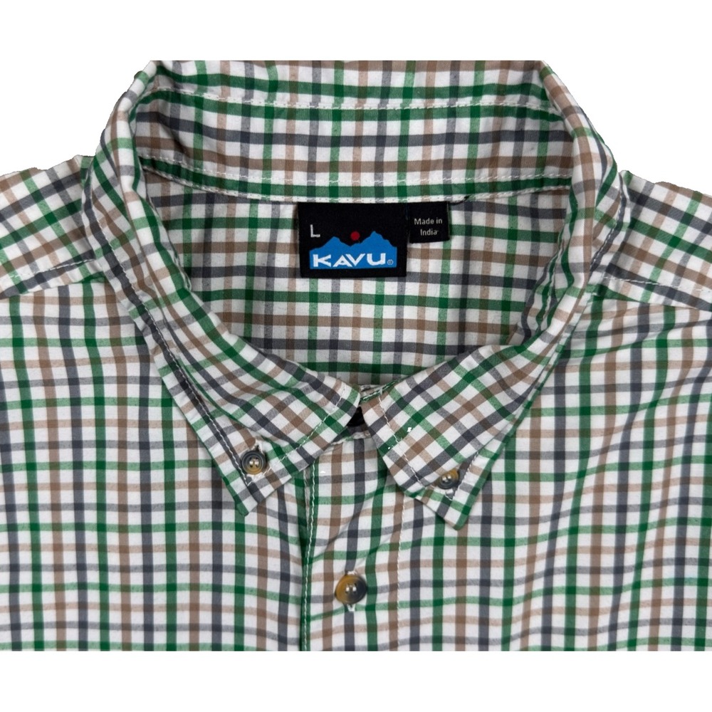 KAVU Shirt Mens L Green Brown Plaid Button Down Long Sleeve Outdoor Hiking